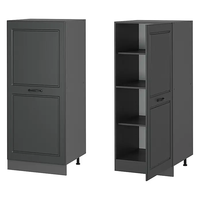 Vicco Schrankküche R-Line Anthrazit Landhaus - Breite: 60 cm, Anthrazit Landhaus, Vorratsschrank 60 cm - Dunkelgrauer Küchenunterschrank mit Kassettenfront und Einlegeböden, geschlossen und geöffnet dargestellt.