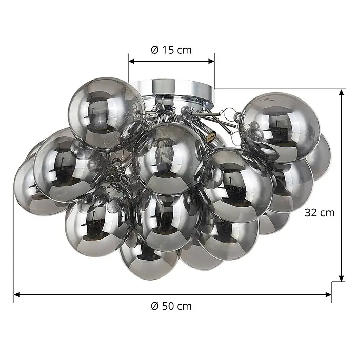 Lucande Deckenleuchte Diborah - L x B x H: 50 x 50 x 32 cm, alu / grau / zink, G9 - Verchromte Deckenleuchte mit zahlreichen reflektierenden Kugeln.