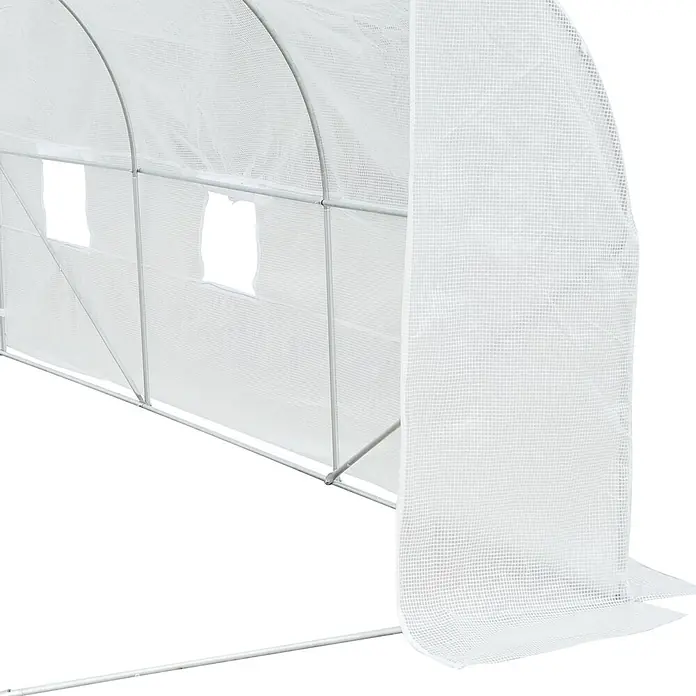 Outsunny Gewächshaus - 350 x 300 cm, Material Seitenwand: Kunststoff, 2 mm - Weißes Netz-Gewächshaus mit Metallrahmen, sichtbaren Fensteröffnungen und offenem Eingang.