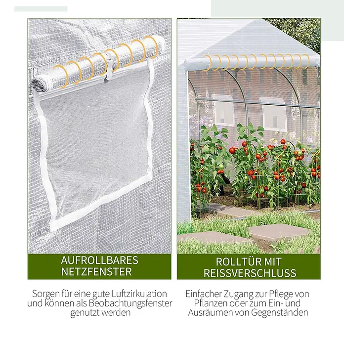 Furnicato Gewächshaus - 300 x 445 cm, Material Seitenwand: Metall, 14 mm, weiß - Gewächshaus mit aufrollbarem Netzfenster zur Belüftung und Reißverschluss-Rolltür für einfachen Zugang zu Pflanzen.