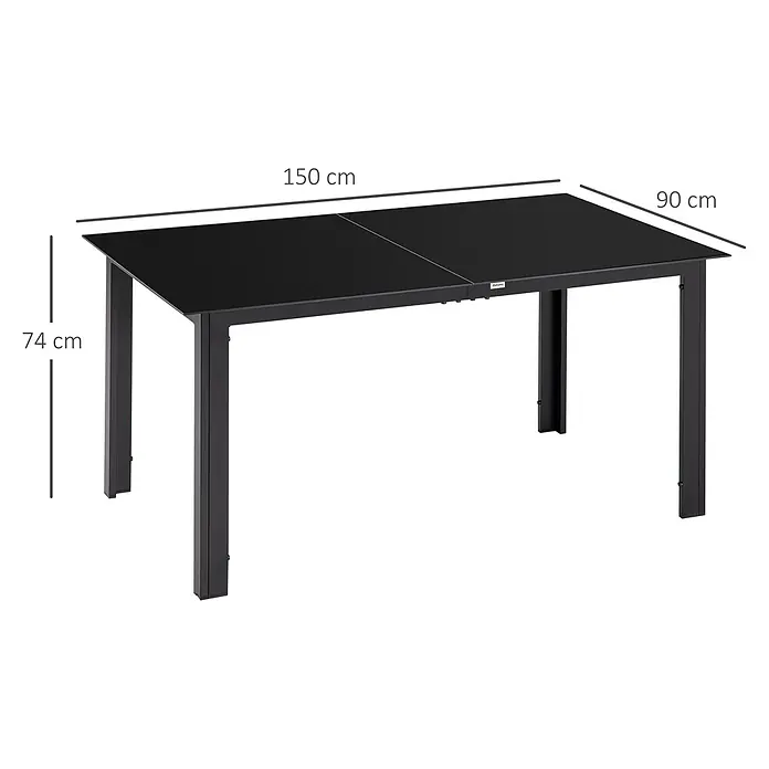 Outsunny Gartentisch - L x B x H: 150 x 90 x 74 cm, Aluminium, gehärtetes Glas, Rechteckig, Schwarz - Schwarzer rechteckiger Esstisch mit Glasplatte, 150x90x74 cm.