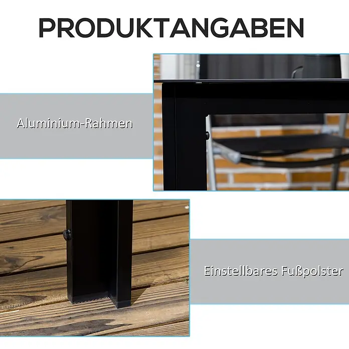 Outsunny Gartentisch - L x B x H: 150 x 90 x 74 cm, Aluminium, gehärtetes Glas, Rechteckig, Schwarz - Schwarzer Aluminiumrahmen und einstellbares Fußpolster.