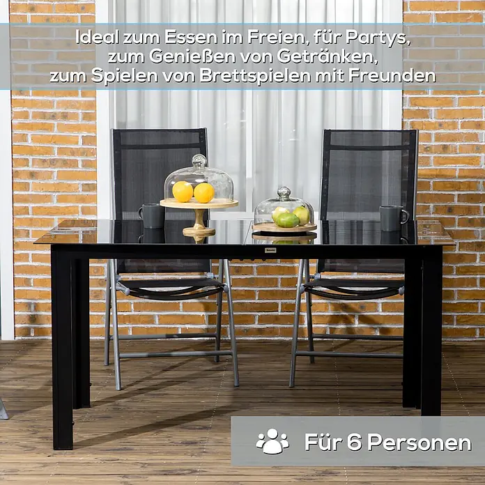 Outsunny Gartentisch - L x B x H: 150 x 90 x 74 cm, Aluminium, gehärtetes Glas, Rechteckig, Schwarz - Schwarzer Esstisch mit Glasplatte und zwei Stühlen, ideal für Mahlzeiten im Freien und gesellige Runden. Platz für bis zu 6 Personen.