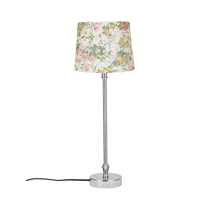 PR Home Tischleuchte Liam - 40 W, E27 - Chrom-Tischlampe mit weißem Stoffschirm und buntem Blumenmuster.