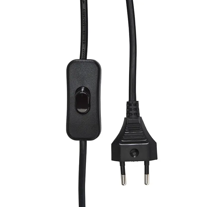 PR Home Tischleuchte Lilly - 15 W, E27 - Schwarzes Stromkabel mit integriertem Schalter und einem zweipoligen Eurostecker.