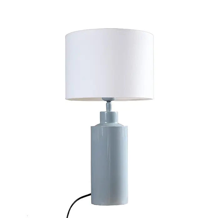 PR Home Tischleuchte 46cm - 40 W, E27 - Hellblaue zylindrische Keramik-Tischlampe mit weißem Stoff-Trommelschirm.