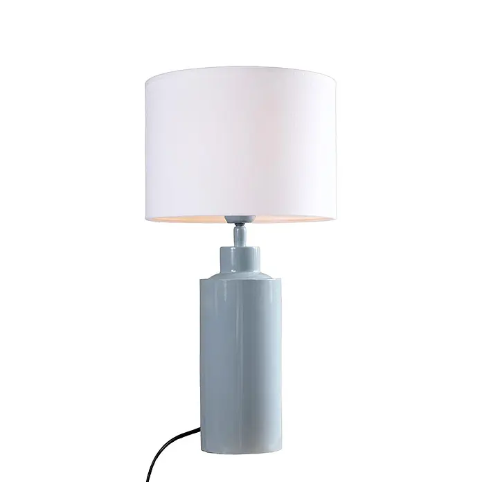PR Home Tischleuchte 46cm - 40 W, E27 - Hellblaue Keramik-Tischlampe mit weißem zylindrischem Lampenschirm, von innen beleuchtet.