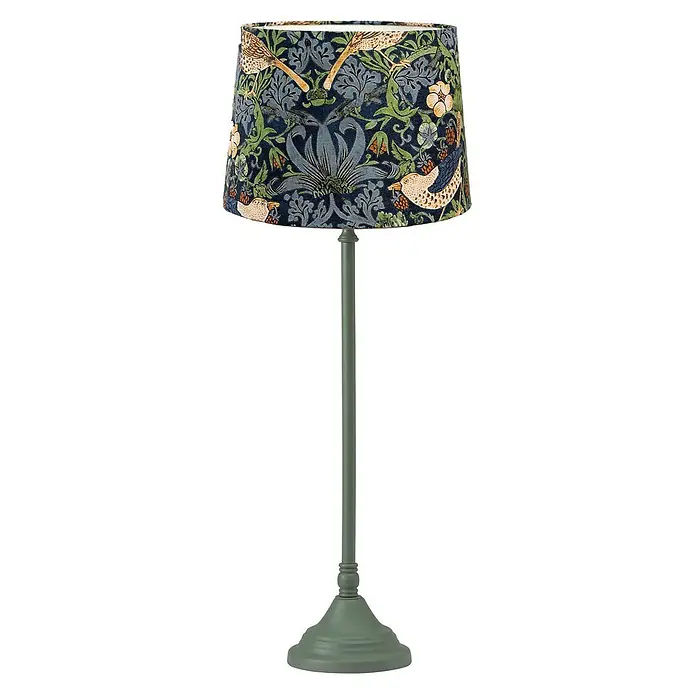PR Home Tischleuchte blau - 40 W, E27 - Tischlampe mit dunklem, naturgemustertem Lampenschirm und grünem Fuß.
