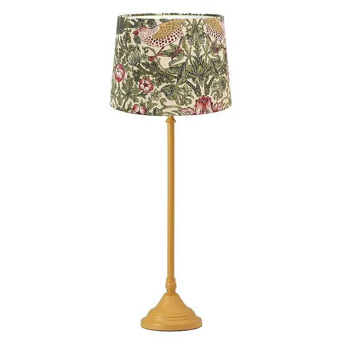 PR Home Tischleuchte Tove - 40 W, L x B x H: 20 x 20 x 57 cm, E27 - Tischlampe mit gemustertem Textilschirm (Vögel, Blumen) und gelbem Metallsockel.
