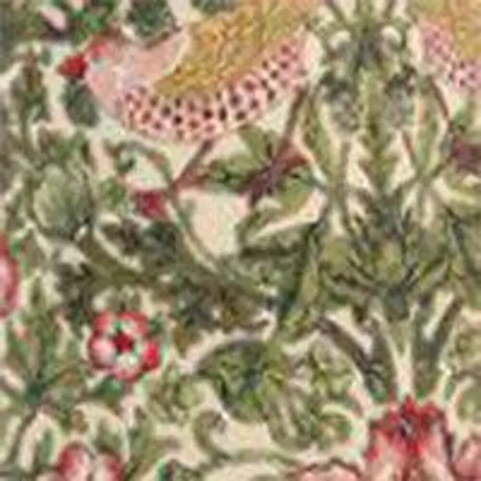 PR Home Tischleuchte Tove - 40 W, L x B x H: 20 x 20 x 57 cm, E27 - Detailliertes Blumen- und Vogelmuster mit grünen Blättern, rosa Blüten und einem gelben Vogel.