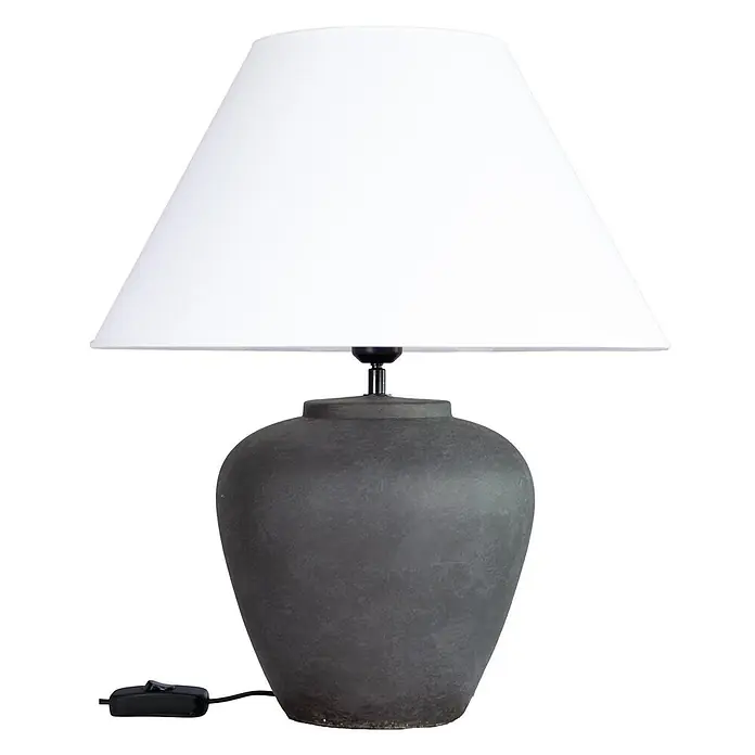 PR Home Tischleuchte Lilly - 15 W, E27 - Dunkelgraue Keramik-Tischlampe mit weißem konischem Stoffschirm und Schnurschalter.