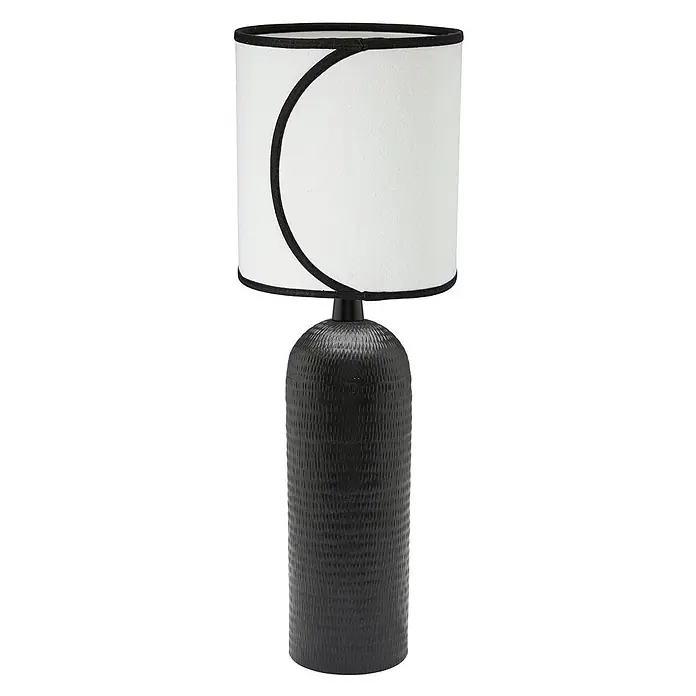 PR Home Tischleuchte Riley - 40 W, E27 - Schwarze strukturierte Tischlampe mit weißem zylindrischem Schirm und schwarzem geschwungenem Design.
