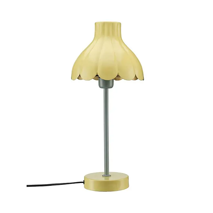 PR Home Tischleuchte Wera - 15 W, E27 - Gelbe Tischlampe mit gewelltem Schirm, grauem Ständer und passendem Fuß.