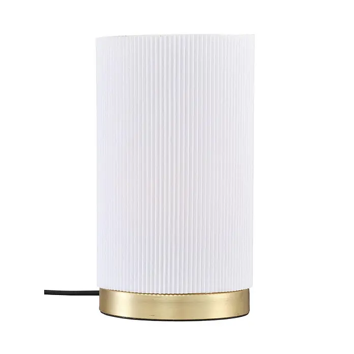 PR Home Tischleuchte Dora - 25 W, E27 - Zylindrische Tischlampe mit weißem, geripptem Schirm und goldenem Fuß.