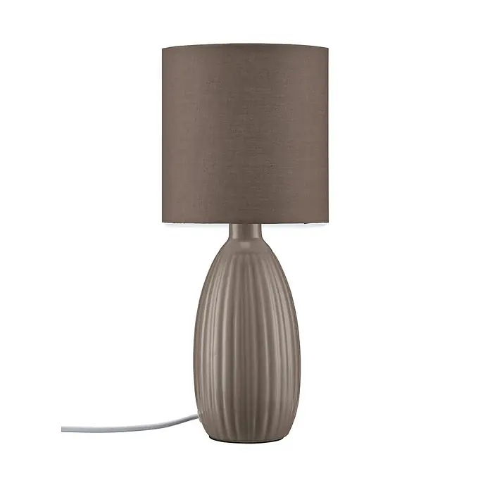 PR Home Tischleuchte Uno - 25 W, E14 - Braune Keramik-Tischleuchte mit geriffeltem Fuß und zylindrischem Stoffschirm.