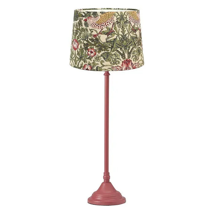 PR Home Tischleuchte Tove - 40 W, L x B x H: 20 x 20 x 57 cm, E27 - Tischleuchte mit gemustertem Lampenschirm (Vögel, Blumen, Blätter) in Grün, Rot, Creme, auf rotem Metallsockel.