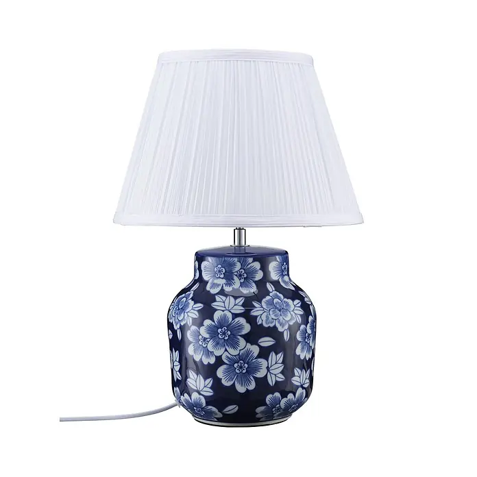 PR Home Tischleuchte Fanny - 15 W, E27 - Blau-weiß-geblümte Keramik-Tischlampe mit plissiertem weißem Lampenschirm.