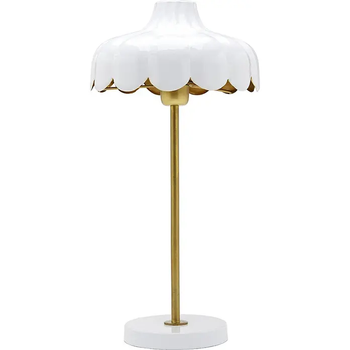 PR Home Tischleuchte Tischleuchte Wells - 25 W, E27 - Weiße, gewellte Tischlampe mit goldenem Stiel und weißem Rundsockel.