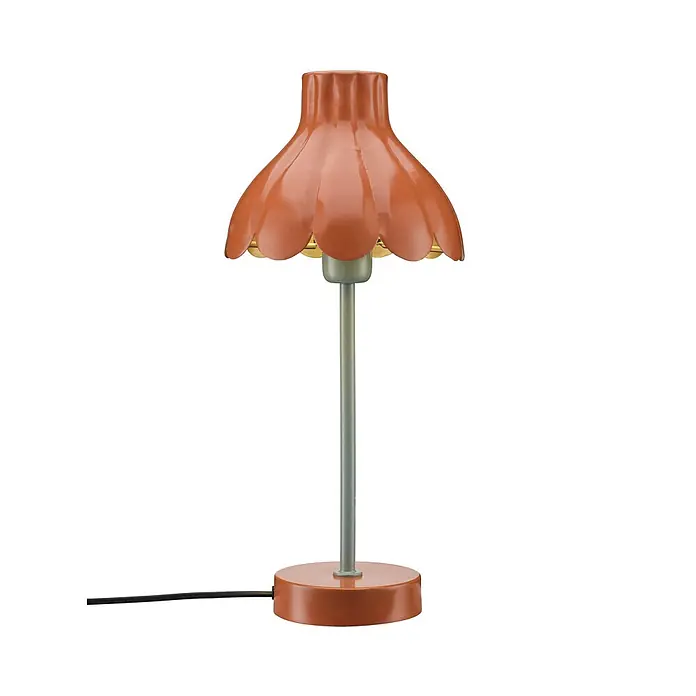PR Home Tischleuchte Wera - 0,6 W, E27 - Orangefarbene Tischleuchte mit geriffeltem Schirm und rundem Fuß, mit grau-grünem Stiel.