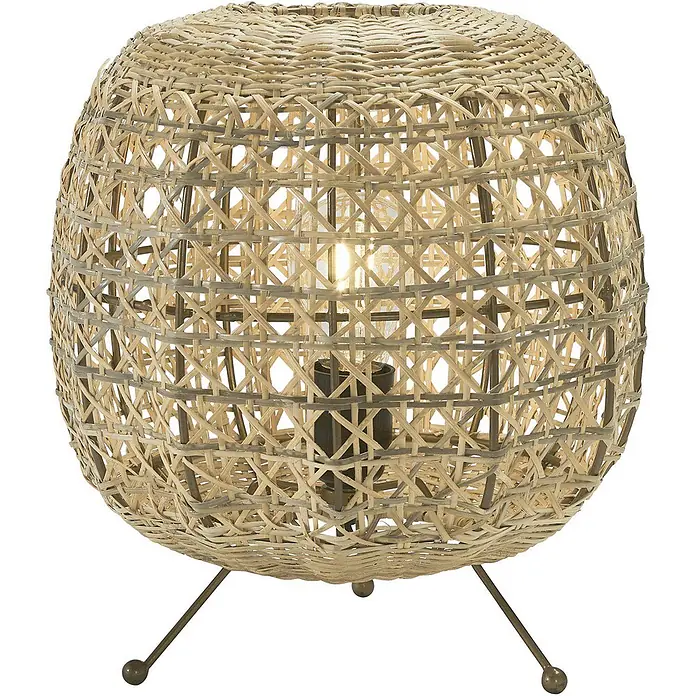 PR Home Tischleuchte Tischleuchte Wickham - 25 W, E27 - Kugelförmige Tischleuchte mit hell-dunklem Rattan-Geflecht, Glühbirne sichtbar, auf drei Metallbeinen.