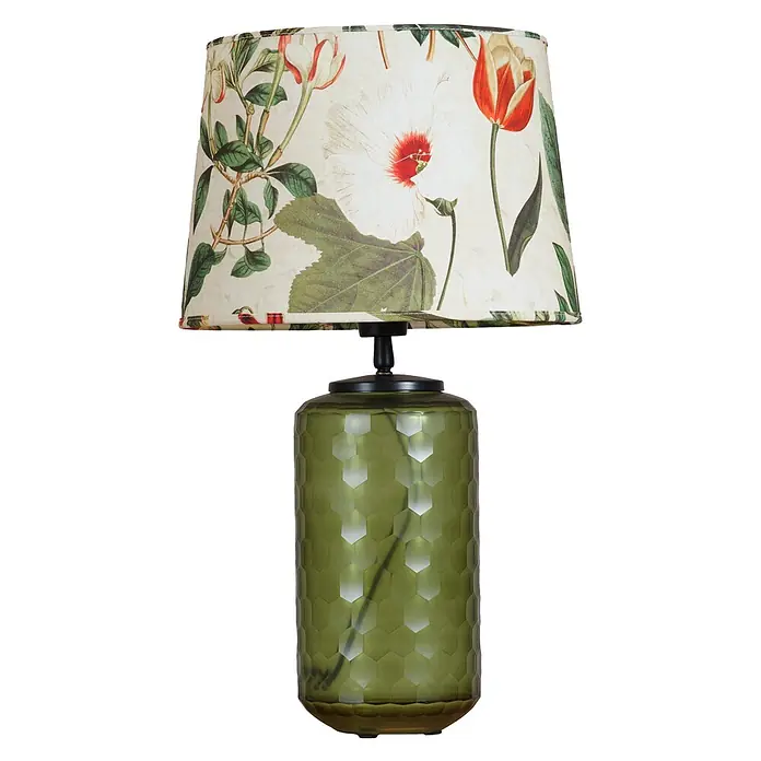 PR Home Tischleuchte Gabby - 40 W, E27 - Tischlampe mit botanischem Lampenschirm und sechseckigem strukturiertem grünem Glassockel.