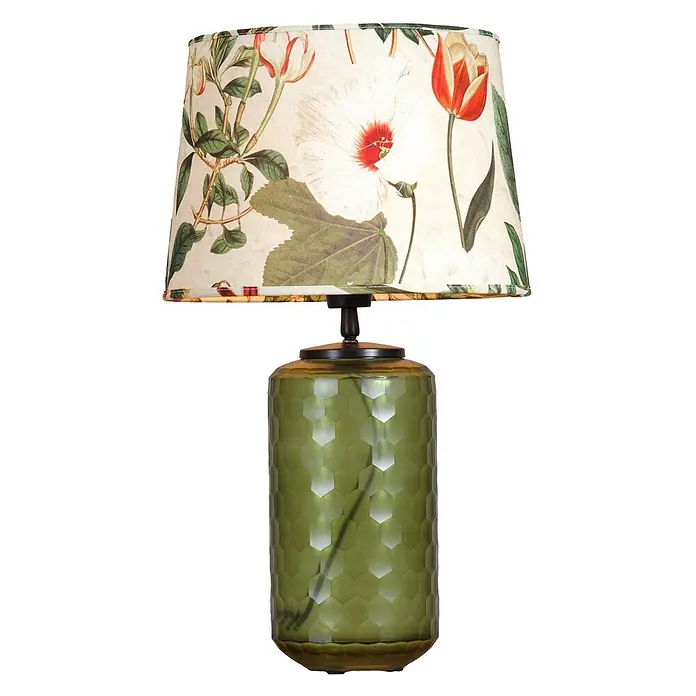 PR Home Tischleuchte Gabby - 40 W, E27 - Elegante Tischleuchte mit floralem Lampenschirm und grünem Glasfuß mit sechseckiger Textur.