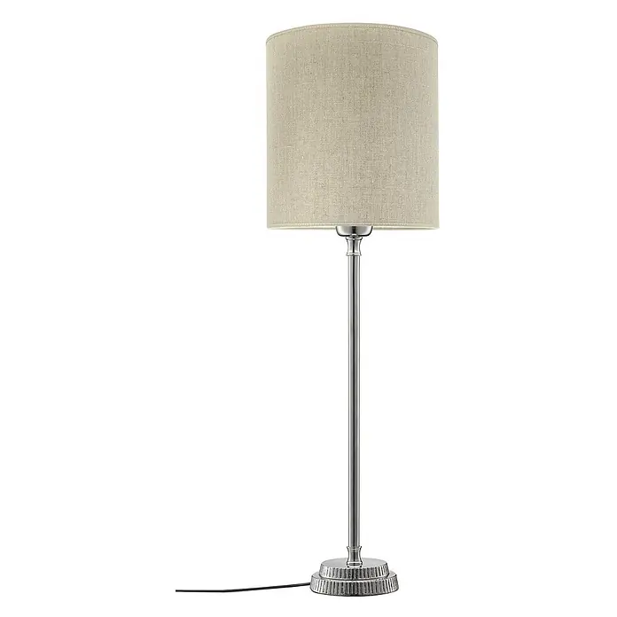 PR Home Tischleuchte Kent - 40 W, E27 - Stehlampe aus silberfarbenem Metall mit geripptem Fuß und zylindrischem, hellbeigem Stoffschirm.