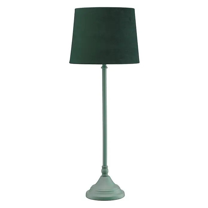 PR Home Tischleuchte Tove - 40 W, E27 - Eine dunkelgrüne Tischlampe mit Stoffschirm und einem türkisgrün lackierten Metallsockel und Stiel.