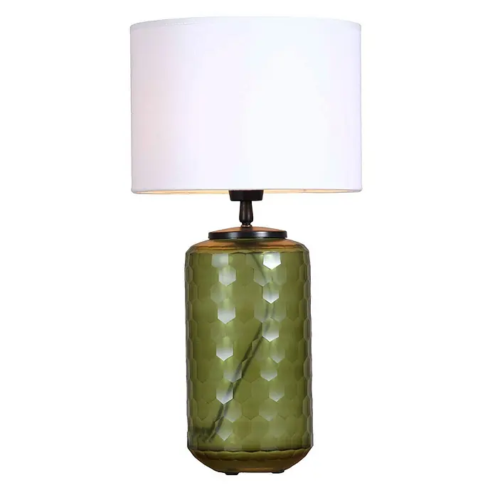 PR Home Tischleuchte Gabby - 40 W, E27 - Grüne hexagonale Glas-Tischlampe mit weißem zylindrischem Schirm.