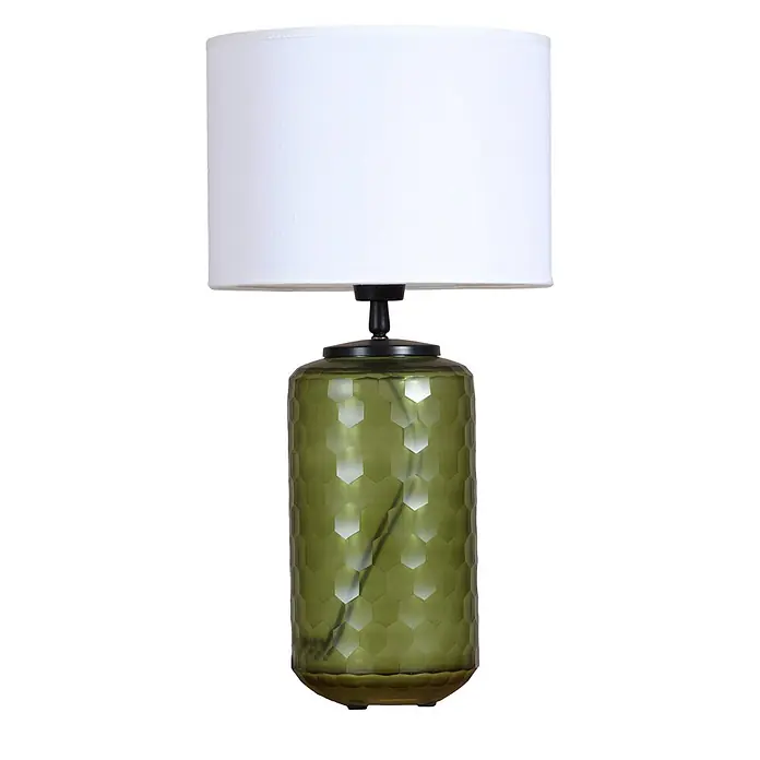 PR Home Tischleuchte Gabby - 40 W, E27 - Tischlampe mit weißem Schirm und grünem sechseckig strukturiertem Glassockel.