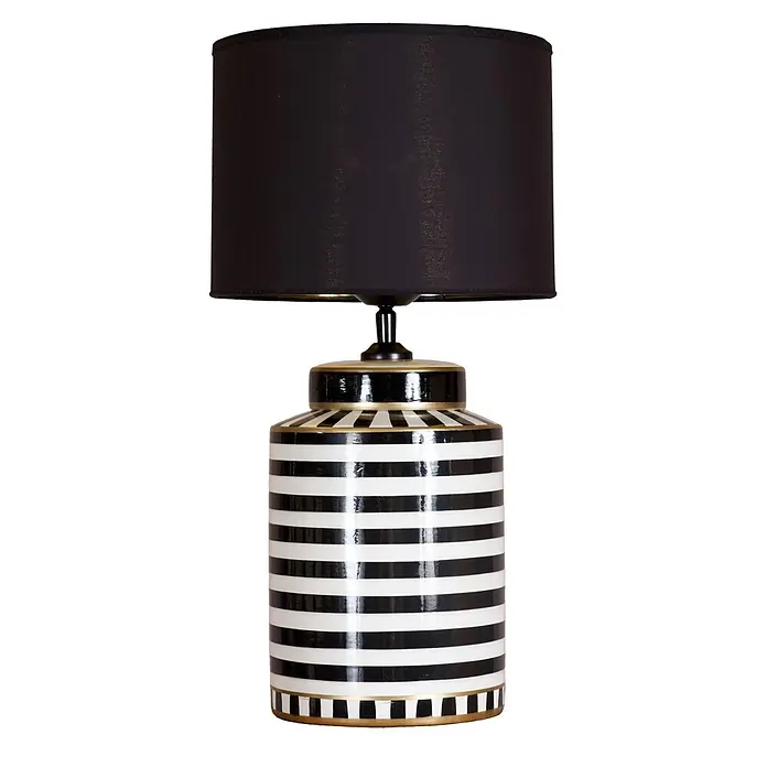 PR Home Tischleuchte 48cm - 40 W, E27 - Schwarz-weiß gestreifte Tischlampe mit schwarzem zylindrischem Lampenschirm und goldenen Akzenten am Keramikfuß.
