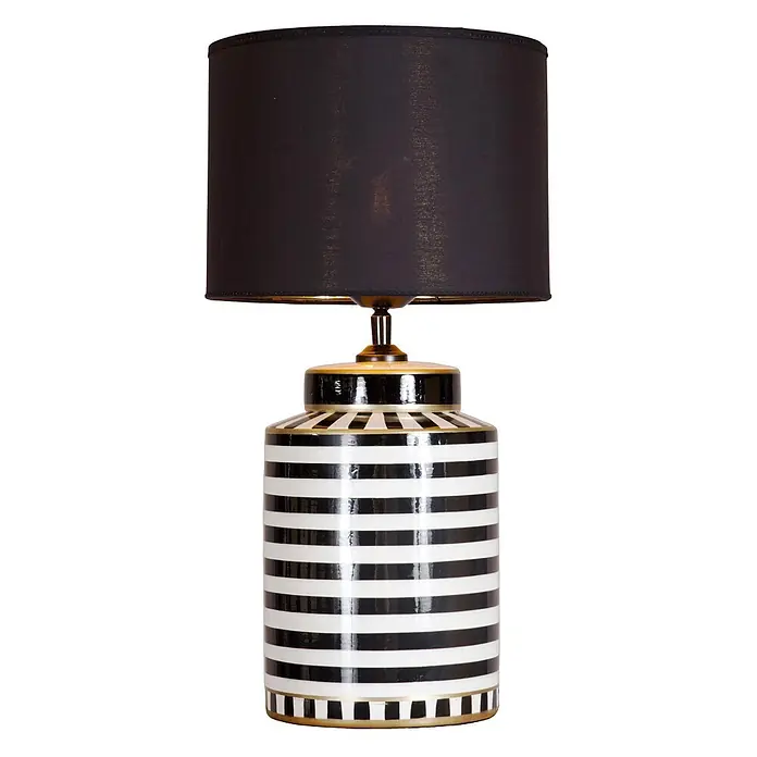 PR Home Tischleuchte 48cm - 40 W, E27 - Schwarzer Lampenschirm auf einem schwarz-weiß gestreiften Keramik-Lampenfuß mit Goldakzenten.