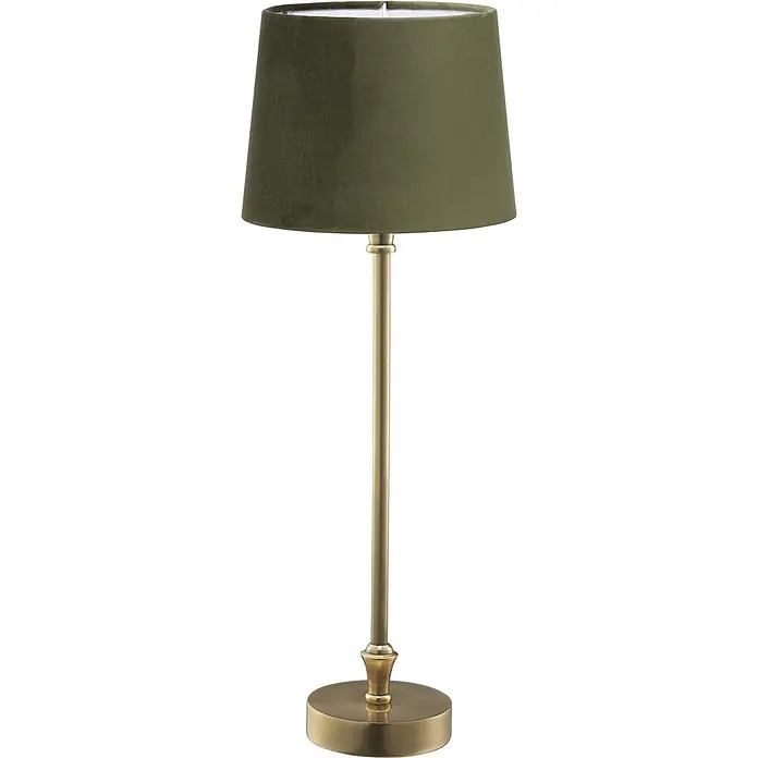 PR Home Tischleuchte Liam - 40 W, E27 - Tischleuchte mit dunkelgrünem Stoffschirm und einem messingfarbenen Metallsockel und Stiel.