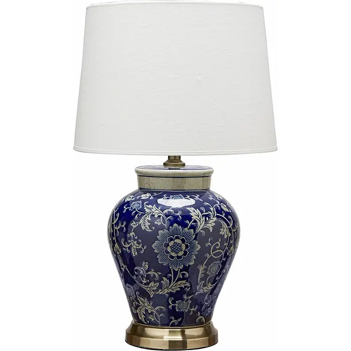 PR Home Tischleuchte Fang Hong - 40 W, E27 - Blau-weiße Keramik-Tischlampe mit Blumenmuster und weißem Stoffschirm auf messingfarbenem Sockel.