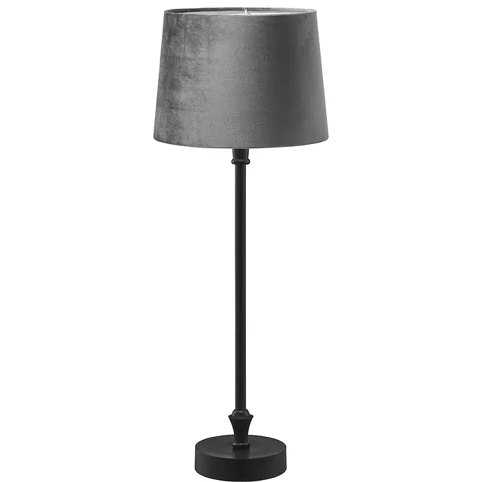 PR Home Tischleuchte Liam - 15 W, E27 - Schwarze Tischlampe mit dunkelgrauem Samtschirm.