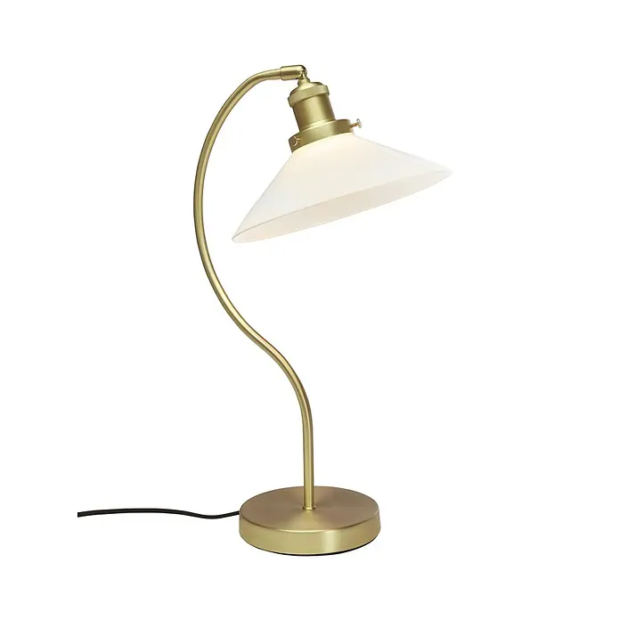 PR Home Tischleuchte Axel - 15 W, E27 - Goldfarbene Schreibtischlampe mit gebogenem Arm und weißem, konischem Schirm.