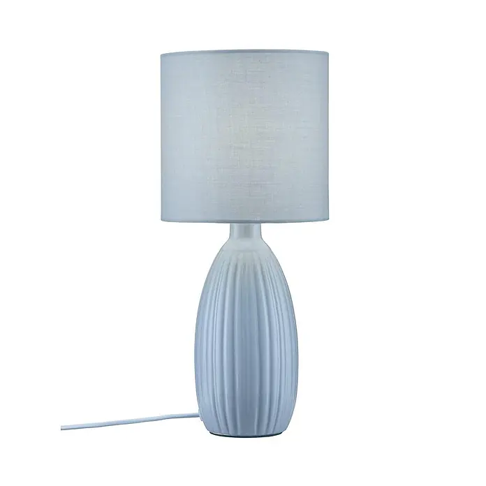 PR Home Tischleuchte Uno - 25 W, E14 - Hellblaue Tischlampe mit geripptem Keramikfuß und passendem Stoffschirm.