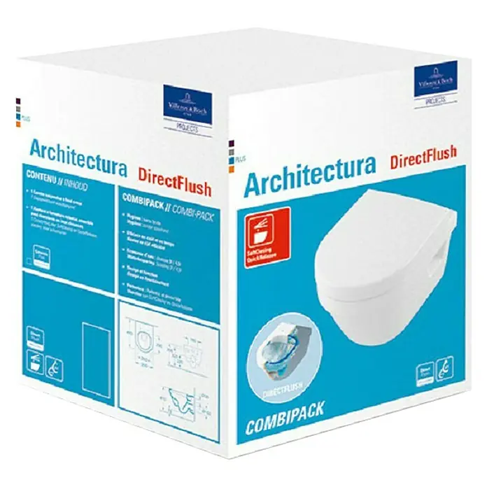 Villeroy & Boch Architectura Wand-WC-Set Compact - Spülrandlos, Mit schmutzabweisender Glasur, Spülform: Tief, WC Abgang: Waagerecht, Weiß - Die Verpackung eines Villeroy & Boch Architectura DirectFlush Combi-Packs, einem wandhängenden WC-Set, das Komfort und Hygiene vereint.