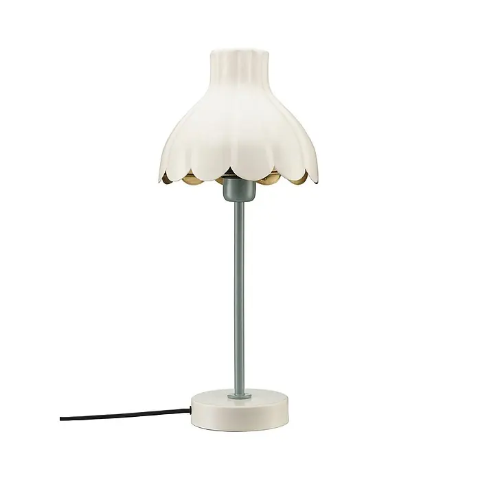 PR Home Tischleuchte Wera - 25 W, E27 - Cremefarbene Tischlampe mit gewelltem Schirm, hellgrünem Stiel und rundem cremefarbenem Sockel. Schwarzes Kabel.