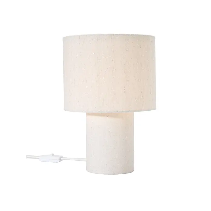 PR Home Tischleuchte Leah - 15 W, E27 - Zylindrische Tischleuchte aus beigem Stoff mit zweistufigem Design und weißem Kabel mit Schalter.