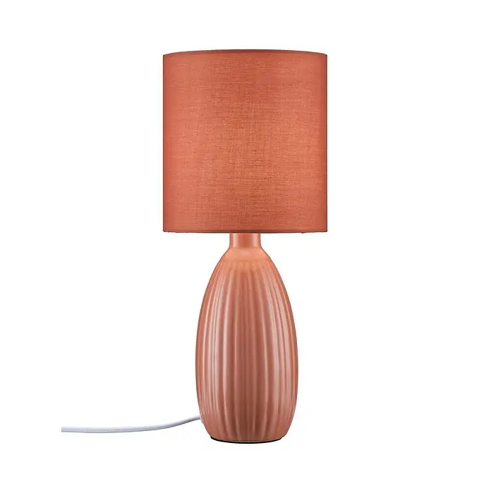 PR Home Tischleuchte Uno - 25 W, E14 - Korallenrote geriffelte Keramik-Tischlampe mit passendem Stoffschirm.