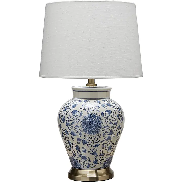 PR Home Tischleuchte Fang Hong - 15 W, E27 - Blau-weiße Keramik-Tischlampe mit gemustertem Fuß und weißem Stofflampenschirm.