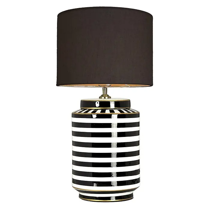PR Home Tischleuchte 63cm - 40 W, E27 - Schwarz-weiß gestreifte Keramik-Tischleuchte mit schwarzem Stoffschirm und goldenen Akzenten.