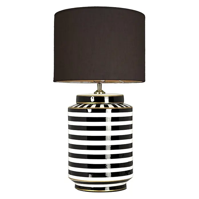 PR Home Tischleuchte 63cm - 40 W, E27 - Tischlampe mit schwarzem Stoffschirm und schwarz-weiß gestreiftem Keramikfuß mit Goldakzenten.