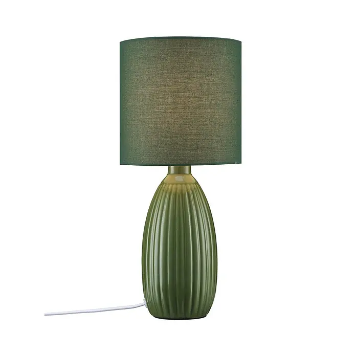 PR Home Tischleuchte Uno - 25 W, E14 - Grüne Tischlampe mit dunklem Stoffschirm und gerilltem Keramikfuß.