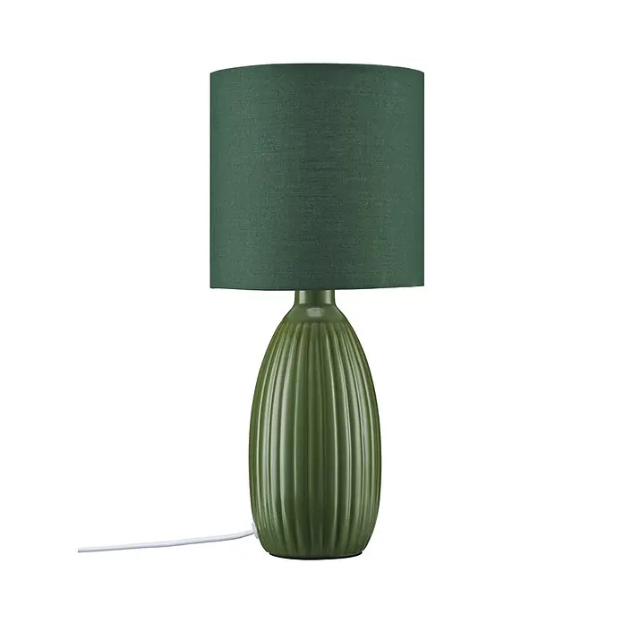 PR Home Tischleuchte Uno - 25 W, E14 - Grüne Tischlampe mit Stoffschirm und gerilltem Keramikfuß.