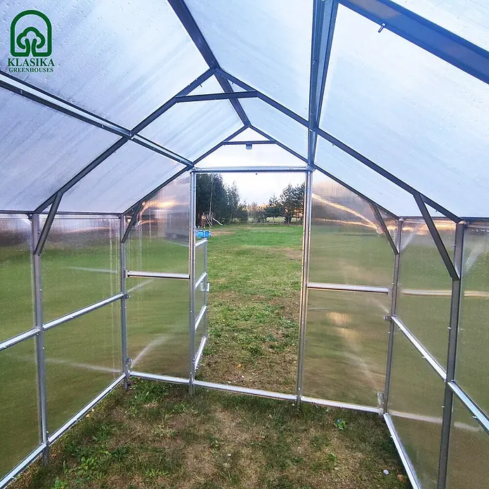 Klasika Greenhouses Gewächshaus Bernard Klasika - Außenmaß inkl. Dachüberstand (B x T): 235 x 500 cm, Material Seitenwand: Kunststoff, 6 mm, Silbergrau - Innenansicht eines Gewächshauses mit transparenten Platten und Metallrahmen, Tür offen zu einer Rasenfläche.