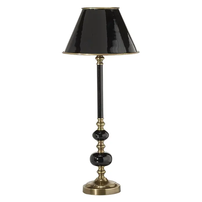 PR Home Tischleuchte Tischleuchte Abbey - 5 W, E27 - Schwarze glänzende Tischlampe mit dekorativem Sockel aus Messing und Schwarz.