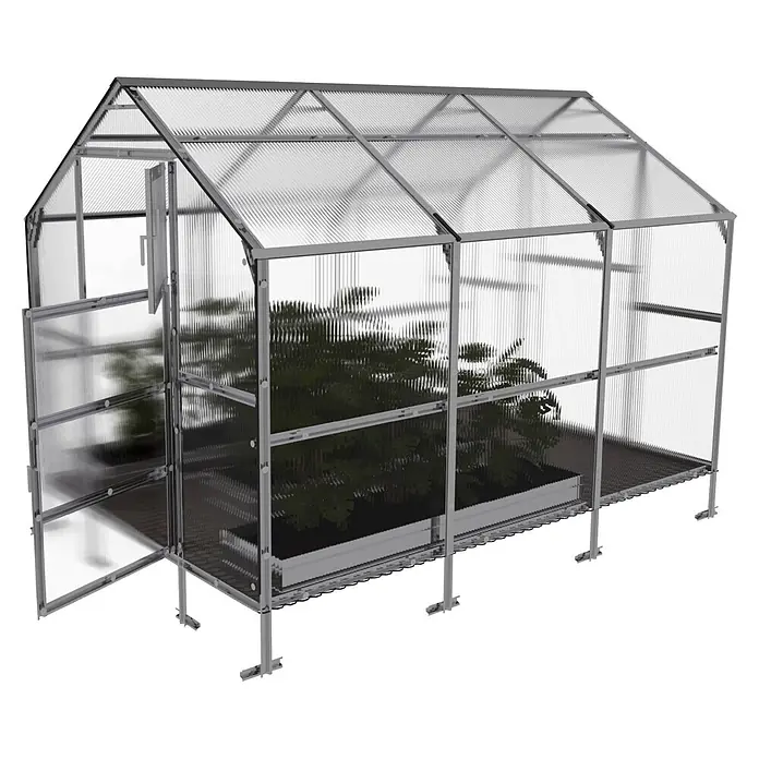 Klasika Greenhouses Gewächshaus Bernard Klasika - Außenmaß inkl. Dachüberstand (B x T): 235 x 300 cm, Material Seitenwand: Kunststoff, 4 mm, Silbergrau - Metallrahmen-Gewächshaus mit klaren, gewellten Platten, Tür offen, mit grünen Pflanzen.