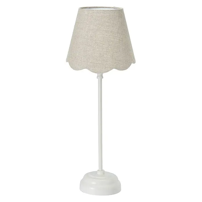 PR Home Tischleuchte Lottie - 40 W, E27 - Weiße Tischlampe mit einem naturfarbenen Leinen-Wellenrand-Lampenschirm.
